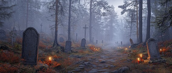 Dark Supernatural Halloween Forest in Dark Video Game Concept with Mysterious Atmosphere and Glowing Lights Along Eerie Pathway Through Foggy Moody Landscape