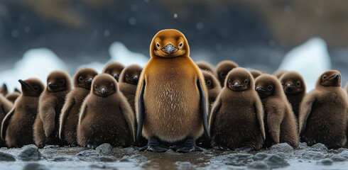 Wall Mural - Golden Penguin Chick Amidst a Group of Brown Chicks