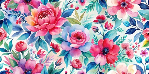 Wall Mural - Watercolor Floral Garden with Vibrant Blooms and Lush Foliage, floral, watercolor, seamless