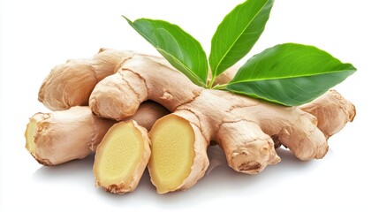 Wall Mural - Whole and cup ginger root with green leaves isolated on white background 