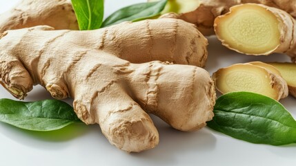 Wall Mural - Whole and cup ginger root with green leaves isolated on white background 