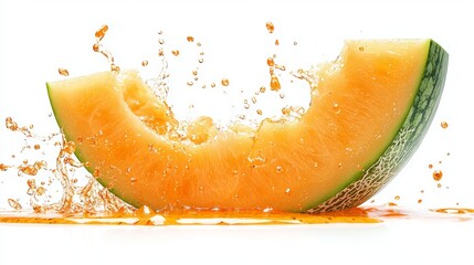 Image of a cantaloupe juice splash with soft orange hues isolated on a clean white background. A healthy summer drink that captures the essence of nature.