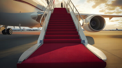 Wall Mural - Luxury red carpet on airport stairs leading to a private jet aircraft. Airplane on airport red carpet stairs.