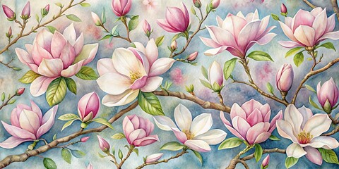 Wall Mural - Watercolor Magnolia Blossoms on Blue Sky, Watercolor, Magnolia ,Flowers , Spring