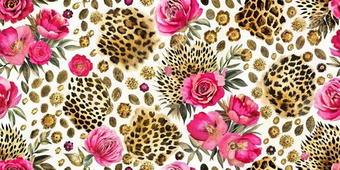 Wall Mural - Watercolor Pink Roses and Leopard Print Seamless Pattern, Floral, Leopard , Seamless Pattern