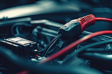 Close-up of a Red Jump Starter Cable Connected to a Car Battery