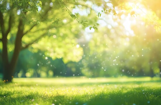 sunny day in a green park. a serene view of a lush green park under a clear blue sky, evoking feelin