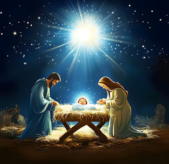 Christmas nativity scene of born child baby Jesus Christ in the manger with Joseph and Mary.illustration Christmas Nativity Scene banner background of baby Jesus in the Christmas with Mary and Joseph.