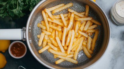 Delicious and crispy French fries frying in hot oil in pan on stove, closeup of tasty fast food. Freshly cooked potato sticks snack, lunch or dinner unhealthy dish, prepared at home or in a restaurant