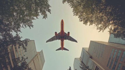 Modern airplane flying over city, urban skyline, cityscape view with skyscrapers and towers. Aircraft in the sky, urbanistic transportation and tourism. Airliner on a journey, air travel and flight