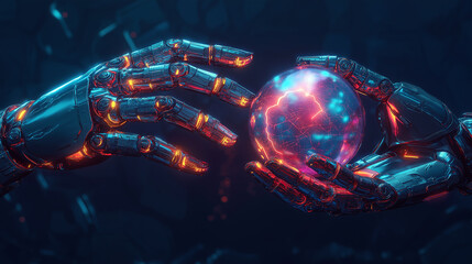 Two robotic hands holding a glowing, energy-filled orb with neon colors, creating a futuristic and sci-fi atmosphere of advanced technology and innovation.