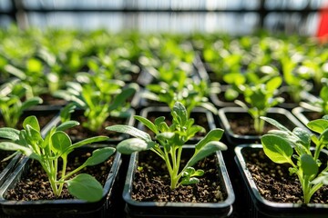 Wall Mural - Tiny Green Shoots: Witnessing the delicate growth of seedlings in a greenhouse, a symbol of new life and hope.