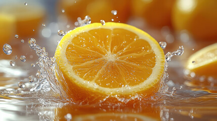 Half of fresh lemon splashing in water, vibrant yellow citrus fruit in motion, refreshing juice splash, healthy vitamin C, natural hydration, bright summer beverage, close-up