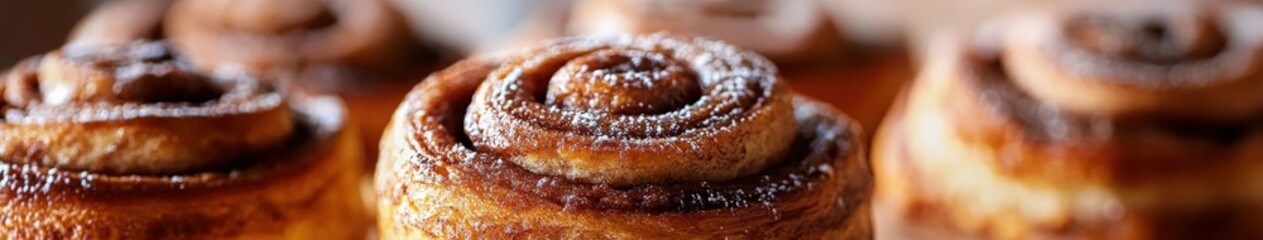 Wall Mural - Freshly baked cinnamon rolls on a wooden table at a cozy bakery