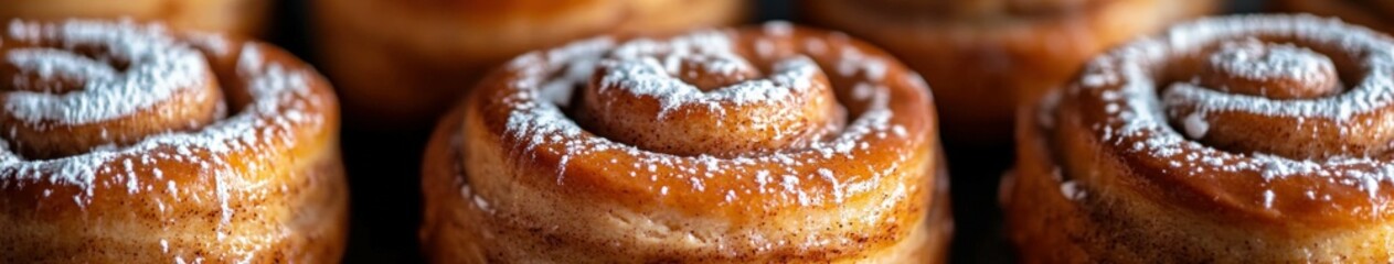 Wall Mural - Freshly baked cinnamon rolls dusted with powdered sugar on display