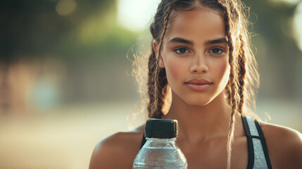 A fit young woman with braided hair holds a water bottle, looking confidently into the camera, embodying health, strength, and an active lifestyle outdoors.