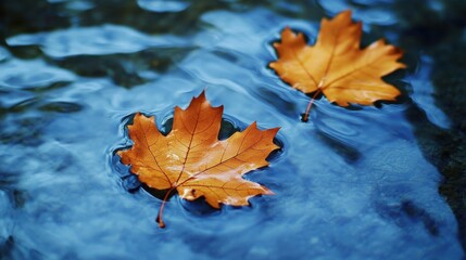 Autumn leaves float gently on tranquil water surface in a serene setting