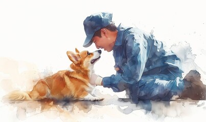 A tender moment between a soldier and a corgi captured in a soft watercolor style, highlighting affection and companionship in a peaceful setting