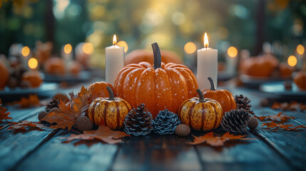 A traditional Thanksgiving centerpiece featuring pumpkins, candles, and autumn leaves on a beautifully set dinner table, creating a cozy, festive atmosphere for the holiday celebration.