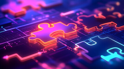 API integration concept with neon puzzle pieces interlocking on a futuristic digital background, emphasizing smooth connectivity and system interoperability