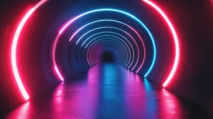 A neon tunnel with red, blue and purple lights