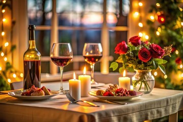 Romantic dinner setup with candles, wine, roses, and delicious meals at sunset. Generative AI