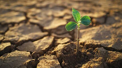 A small green plant is growing in the desert