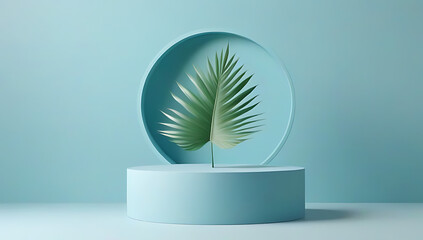 minimal blue pastel geometric podium tropical leaf product display style rendering mockup