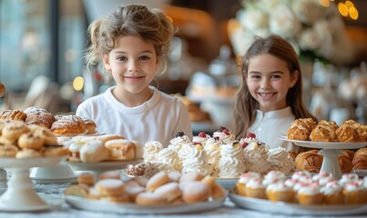 Two cheerful girls enjoy a delightful afternoon at a charming bakery, surrounded by an array of baked treats and desserts on elegant display