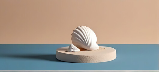 minimalist summer product presentation podium sand seashells blue background rendering mockup