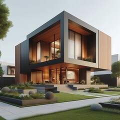 Modern luxury minimalist cubic house, villa with wooden cladding and black panel walls and landscaping design front yard. Residential architecture exterior