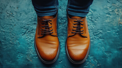 Top-down view of stylish brown leather shoes worn by man on textured blue floor, polished footwear, casual fashion, clean design, modern men’s style, classic elegance, comfortable walking