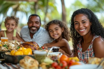 Wall Mural - Two families having a picnic at a table look to camera, Generative AI