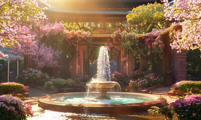 Wall Mural - A tranquil garden filled with blooming flowers and winding pathways, with a bubbling fountain at its center. Video