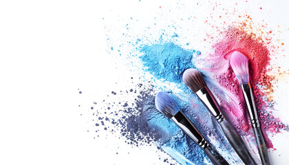 Make up brushes with powder splashes isolated on white background