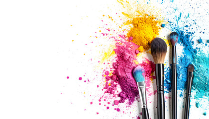 Wall Mural - Make up brushes with powder splashes isolated on white background