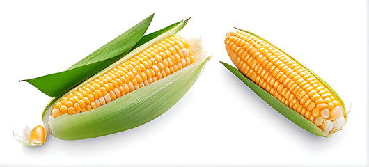 Wall Mural - fresh organic corn kernels cut half leaves isolated white background clipping path