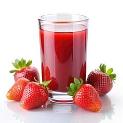 Wall Mural - Fresh strawberry juice in a clear glass with ripe strawberries on a white background. Generative AI