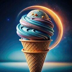 A giant ice cream planet in a waffle cone, swirled with color against a cosmic backdrop