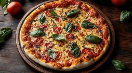 Freshly baked margherita pizza with tomatoes, basil leaves, and melted cheese on rustic wooden table, Italian traditional cuisine, homemade dish with delicious wood-fired flavor