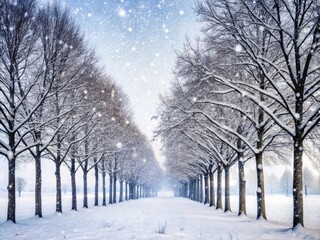 Row of trees blanketed in snow during a serene winter snowfall. Generative AI