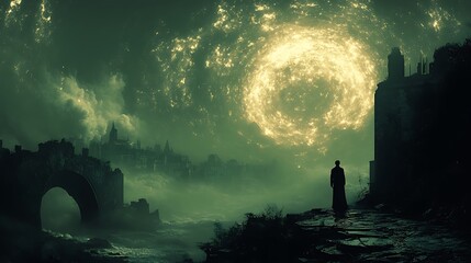 Wall Mural - A lone figure stands on a hill overlooking a misty, ruined city as a swirling, luminous orb hangs in the sky.