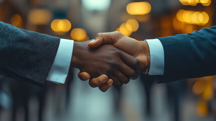 Two businesspeople shaking hands outdoors in a professional setting, highlighting successful partnership and agreement in a formal business deal, captured in close-up with blurred city lights