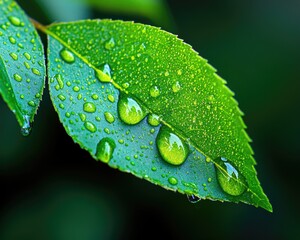 Nature's Refreshing Essence: Close-Up of Fresh Green Leaf with Water Droplets