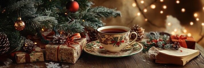 Winter Holiday Tea Time in Cozy Vintage Living Room with Retro Ornaments