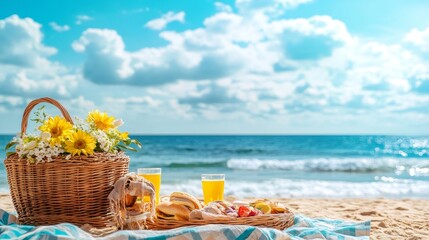 A picnic basket with flowers on the beach with two glasses of juice and a plate of food.