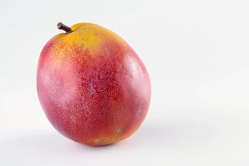 A juicy red and yellow mango sits on a white surface, ready for eating or display