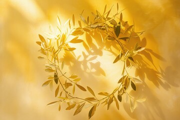 Wall Mural - A wreath made of leaves adorns a bright yellow wall, creating a warm and inviting atmosphere