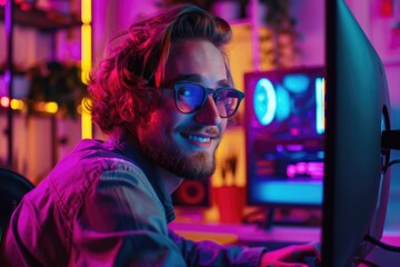 Canvas Print - A person wearing glasses is seated in front of a computer, focused on the screen