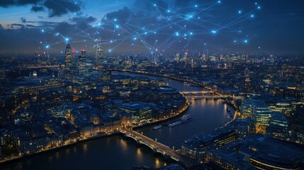 Canvas Print - London Skyline at Night with Network Connections